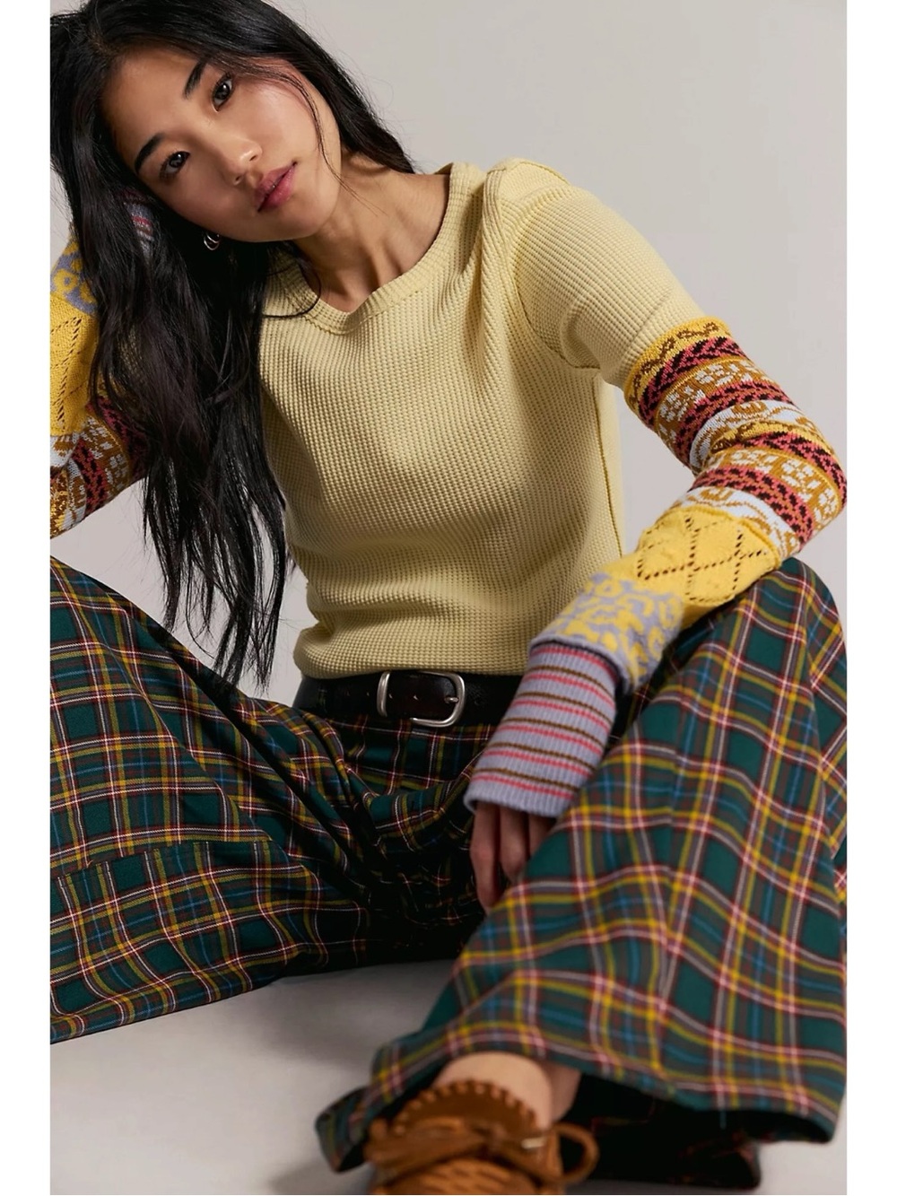 Free People All In Cuff Grunge 90s Thermal Sweater Crewneck Top Large Yellow - Picture 3 of 11